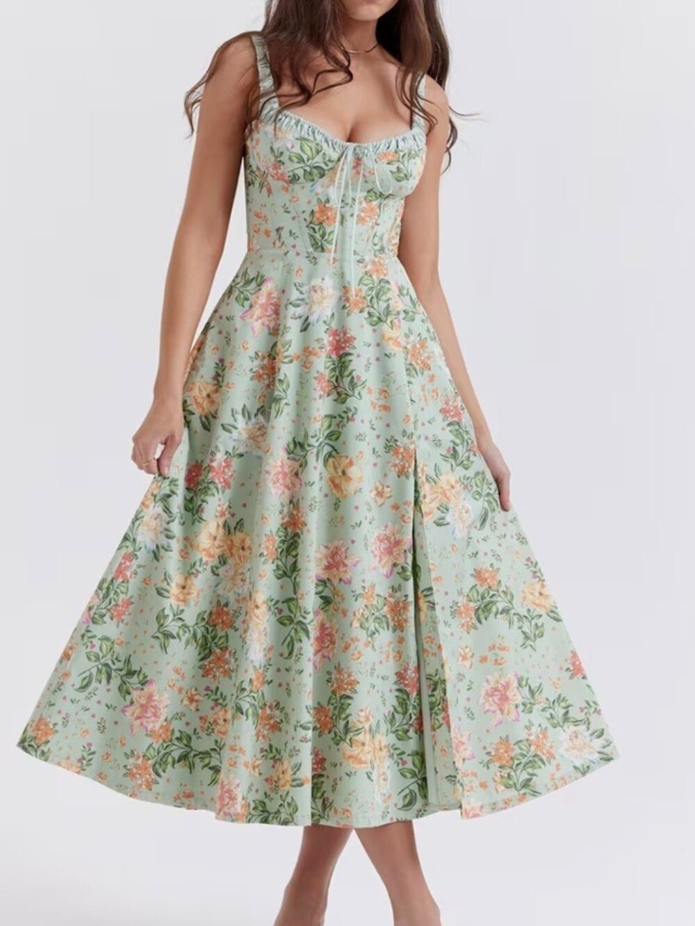 Princess Fit Midi Floral Corset Midi Dress - Pastel Green Peach  Floral Sz Med